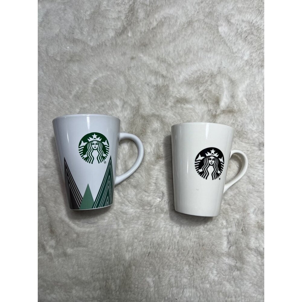 Starbucks white green red logo tree mug lot of two